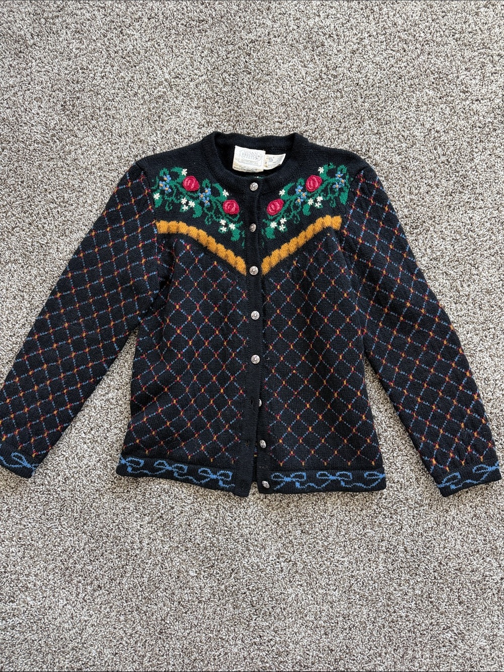 Susan Bristol Floral Embroidered Black Wool Cardigan